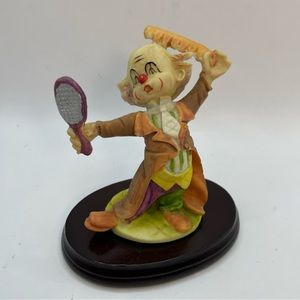 Clown Figure Combing Hair Looking in Mirror on Wood Base Davar Originals 4”